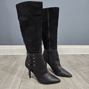 NINE WEST Jelizao Black Leather Suede Pointed Toe Heeled Boots 9.5M